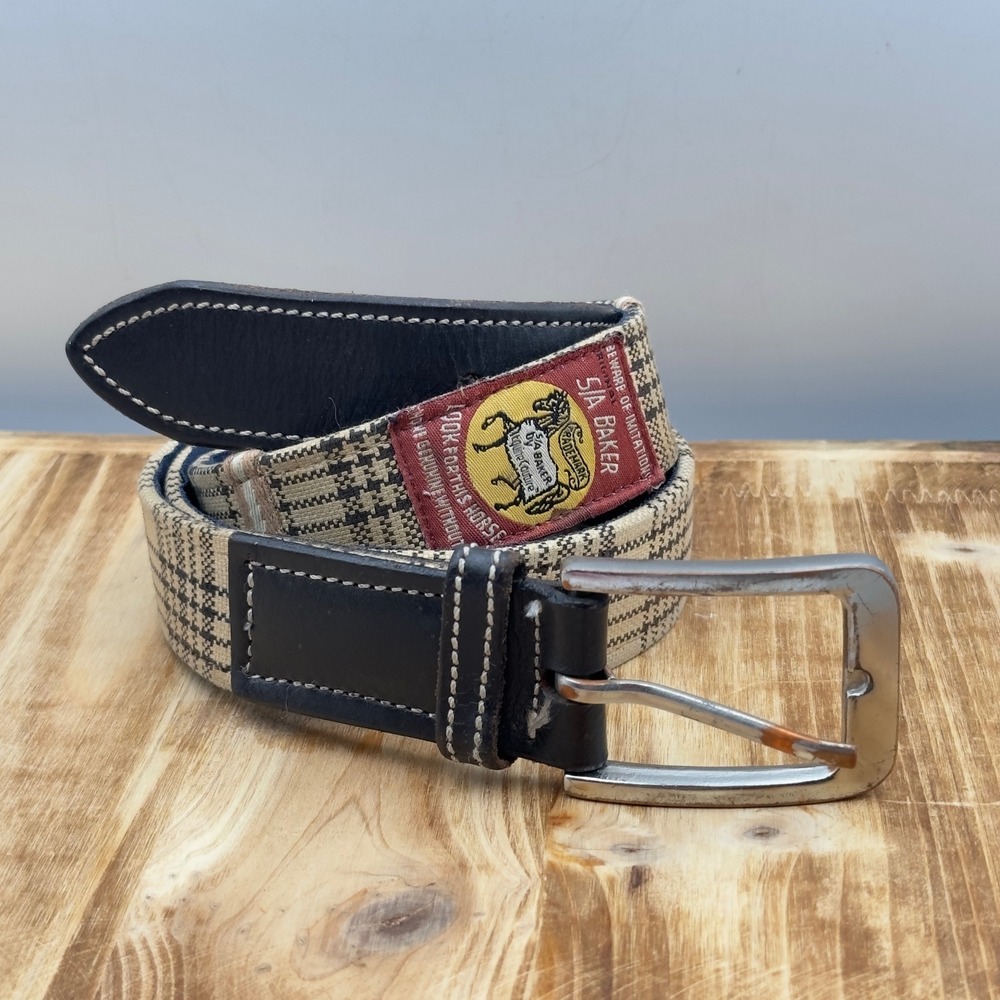5/A Baker Belt Tan Black Plaid Leather Trim Equestrian Size M
